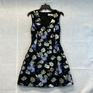 BADGLEY MISCHKA Dress Size 6 Metallic Gold Blue Floral Mini Sleeveless Brocade